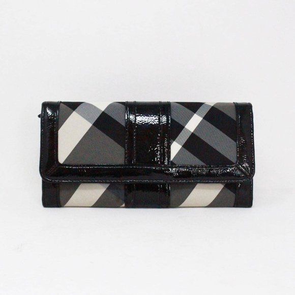 BURBERRY #38292 Black Beat Check Nylon and Patent Leather Penrose Continental Wa - Picture 1 of 10